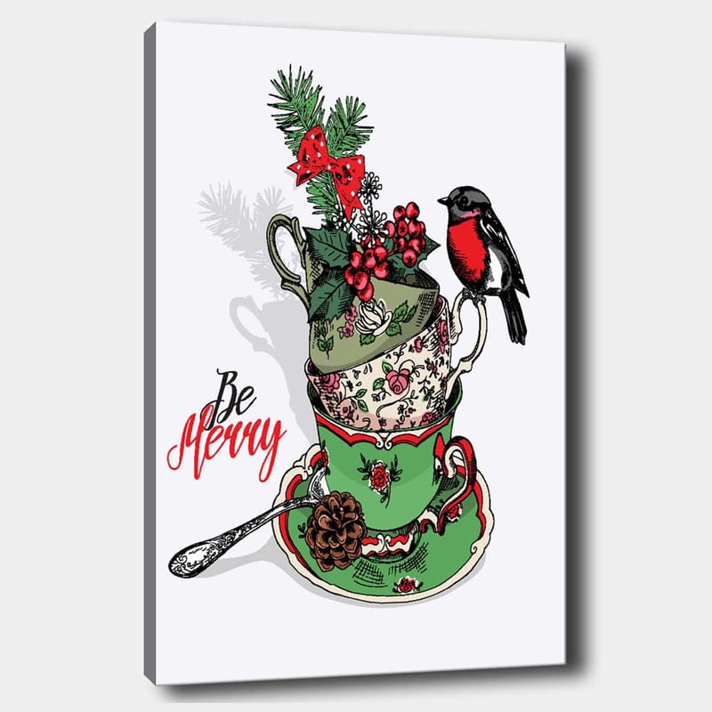 Canvastavla 70x100 cm - Stapel med dekorerade tekoppar prydda med juliga inslag och en fågel, Grön / Röd / Svart