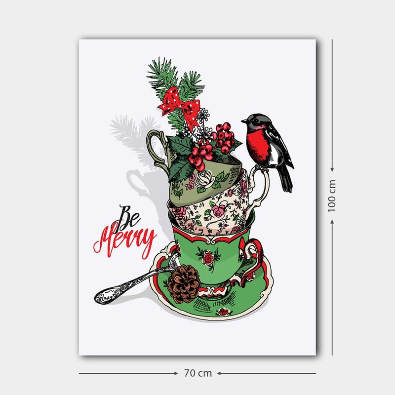 Canvastavla 70x100 cm - Stapel med dekorerade tekoppar prydda med juliga inslag och en fågel - Grön / Röd / Svart - Inredning & dekor - Tavlor & konst - Canvastavla