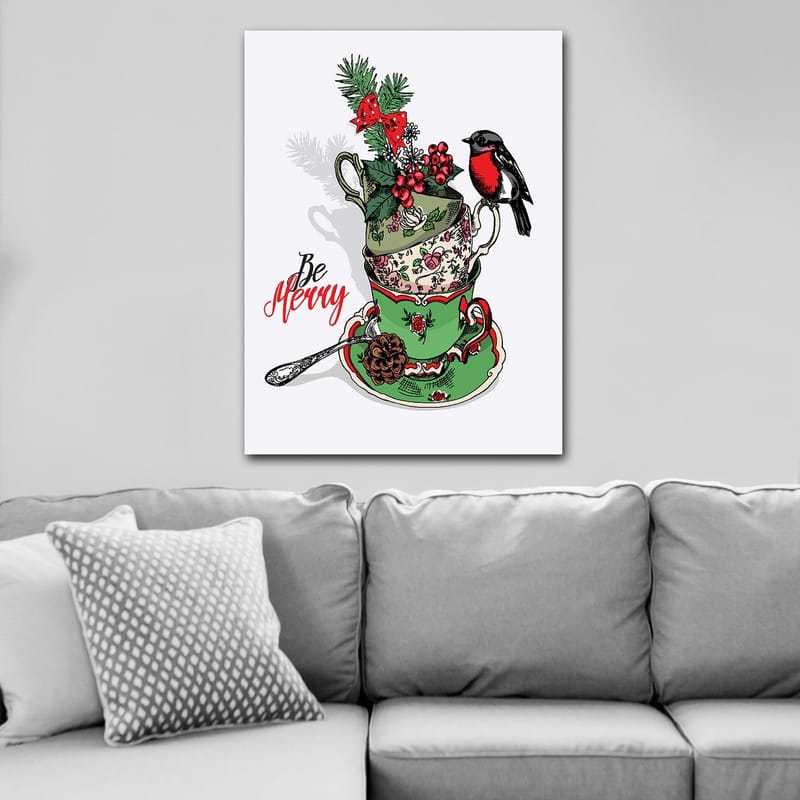 Canvastavla 70x100 cm - Stapel med dekorerade tekoppar prydda med juliga inslag och en fågel - Grön / Röd / Svart - Inredning & dekor - Tavlor & konst - Canvastavla