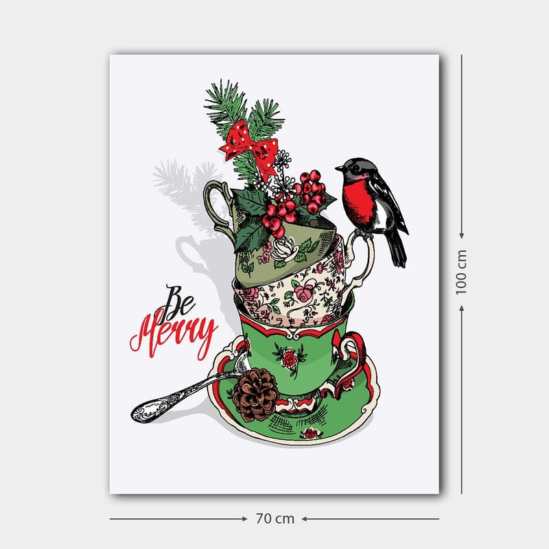 Canvastavla 70x100 cm - Stapel med dekorerade tekoppar prydda med juliga inslag och en fågel - Grön / Röd / Svart - Inredning & dekor - Tavlor & konst - Canvastavla