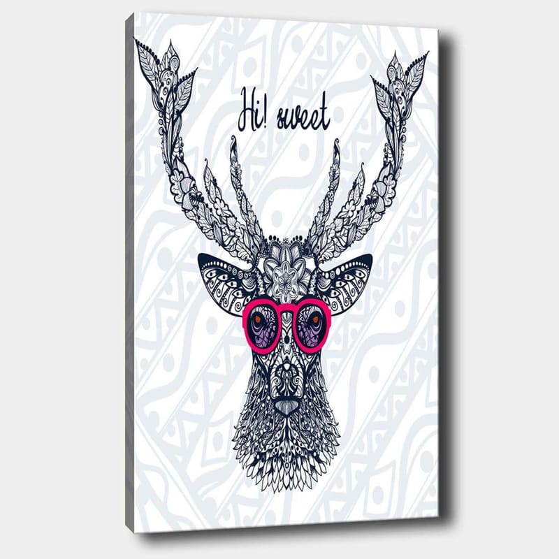 Canvastavla 70x100 cm - Stiliserad älg med glasögon och dekorativa detaljer - Mörkblå / Rosa - Inredning & dekor - Tavlor & konst - Canvastavla