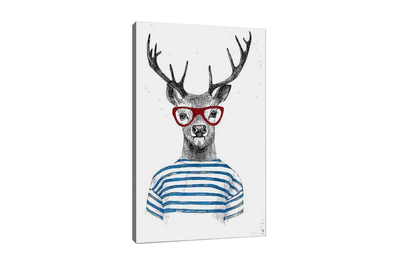 Canvastavla 70x100 cm - Stiliserad älg med glasögon och randig tröja, Svart / Röd / Blå