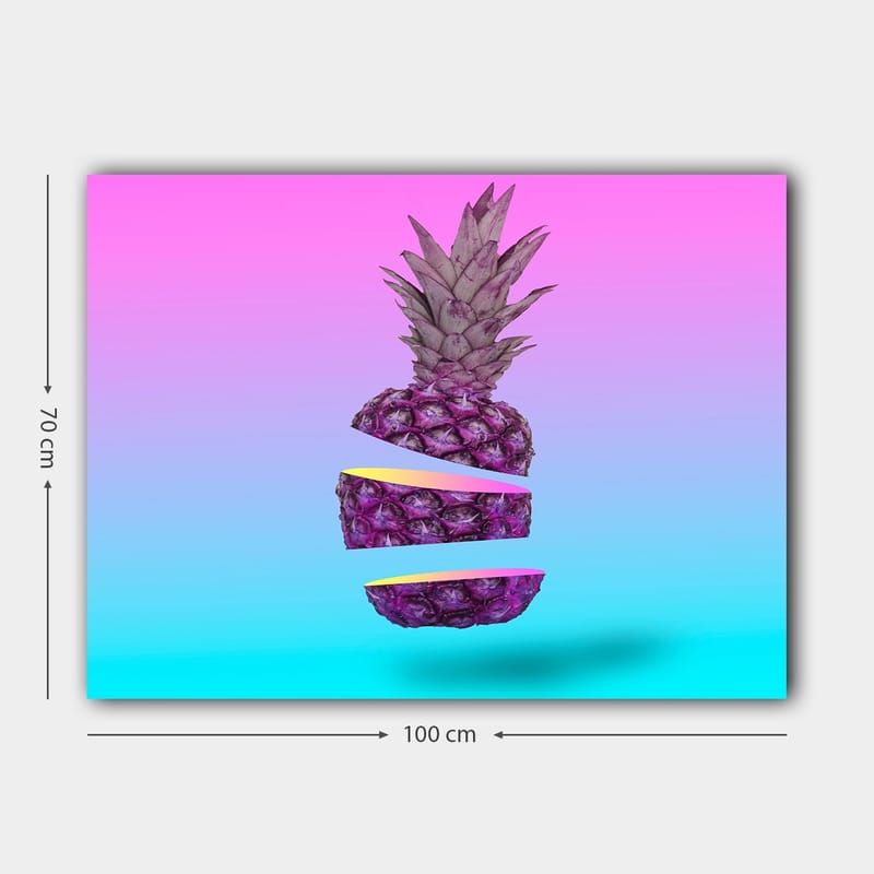 Canvastavla 70x100 cm - Stiliserad ananas som är skuren i tre delar med en färgglad bakgrund - Lila / Gul / Turkos - Inredning & dekor - Tavlor & konst - Canvastavla