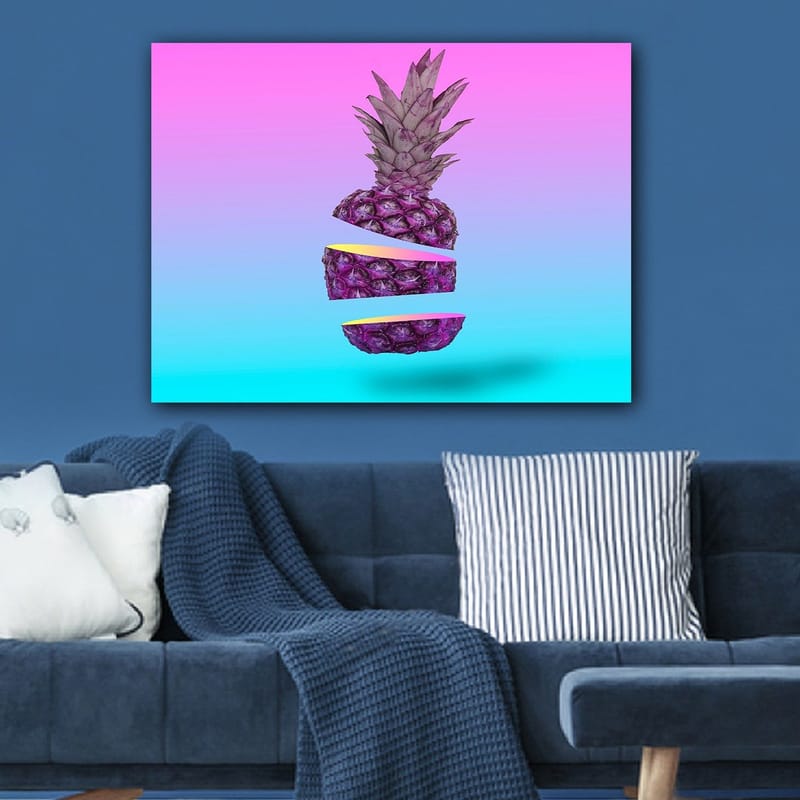 Canvastavla 70x100 cm - Stiliserad ananas som är skuren i tre delar med en färgglad bakgrund - Lila / Gul / Turkos - Inredning & dekor - Tavlor & konst - Canvastavla