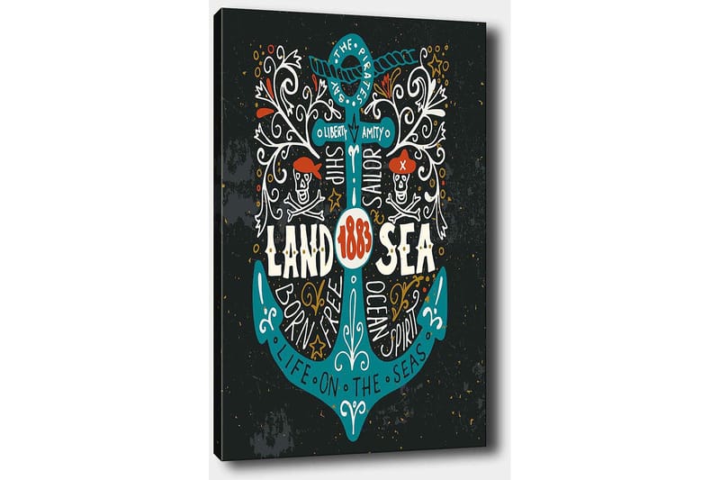 Canvastavla 70x100 cm - Stiliserad ankare med inslag av piratmotiv och text som framhäver temat Land & Hav - Turkos / Vit / Svart - Inredning & dekor - Tavlor & konst - Canvastavla
