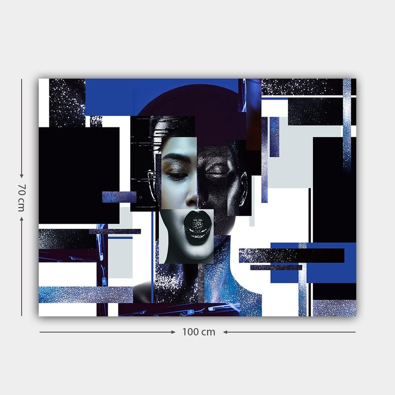 Canvastavla 70x100 cm - Stiliserad ansiktsbild med geometriska former och kontrasterande färger som skapar en modern och futuristisk känsla - Mörkblå / Svart / Vit - Inredning & dekor - Tavlor & konst - Canvastavla