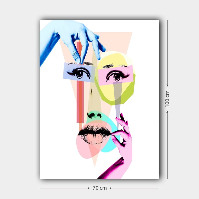 Canvastavla 70x100 cm - Stiliserad ansiktskomposition med geometriska former och händer som interagerar med ansiktet - Blå / Rosa / Grön - Inredning & dekor - Tavlor & konst - Canvastavla