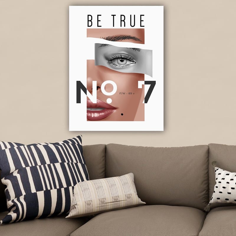 Canvastavla 70x100 cm - Stiliserad ansiktsporträtt med fokus på ögon och läppar - Beige / Grå / Svart - Inredning & dekor - Tavlor & konst - Canvastavla