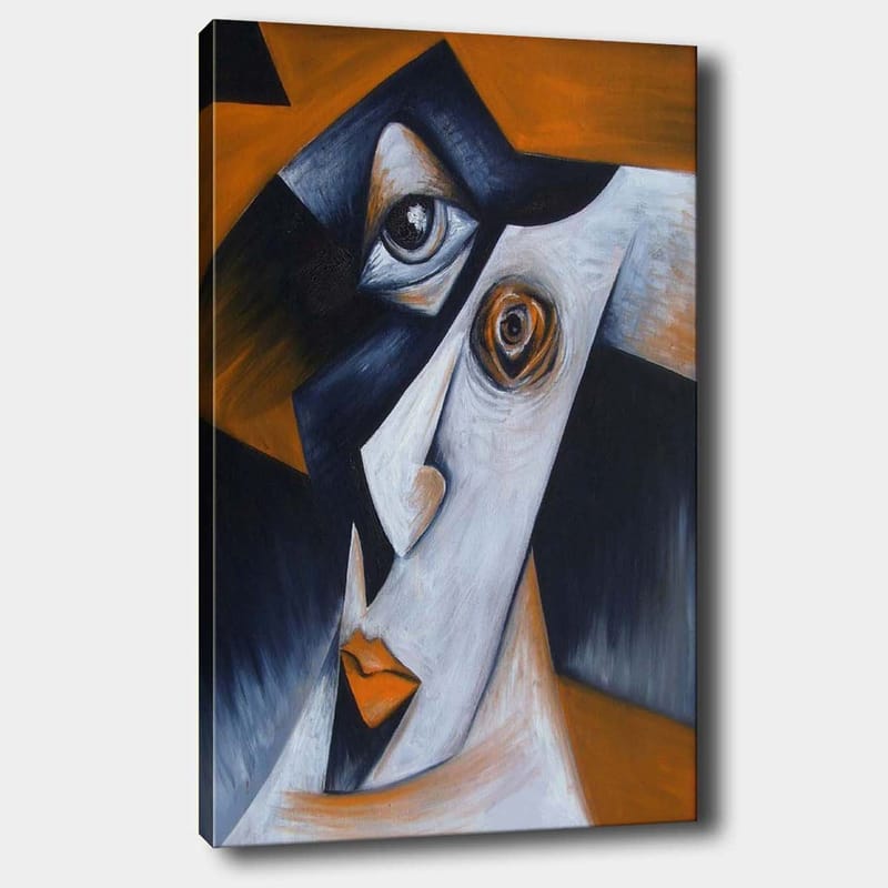 Canvastavla 70x100 cm - Stiliserad ansiktsporträtt med kontrasterande former och uttryck, Svart / Vit / Orange