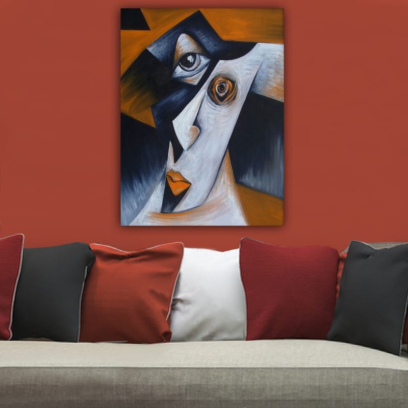 Canvastavla 70x100 cm - Stiliserad ansiktsporträtt med kontrasterande former och uttryck - Svart / Vit / Orange - Inredning & dekor - Tavlor & konst - Canvastavla