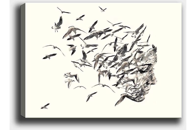 Canvastavla 70x100 cm - Stiliserad ansiktsprofil som smälter samman med flygande fåglar - Grå / Svart / Beige - Inredning & dekor - Tavlor & konst - Canvastavla