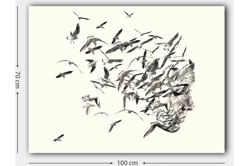 Canvastavla 70x100 cm - Stiliserad ansiktsprofil som smälter samman med flygande fåglar - Grå / Svart / Beige - Inredning & dekor - Tavlor & konst - Canvastavla