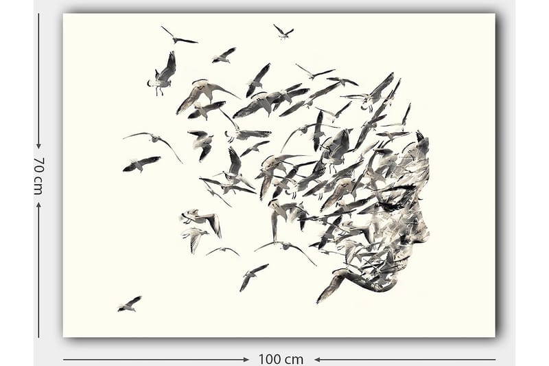 Canvastavla 70x100 cm - Stiliserad ansiktsprofil som smälter samman med flygande fåglar - Grå / Svart / Beige - Inredning & dekor - Tavlor & konst - Canvastavla