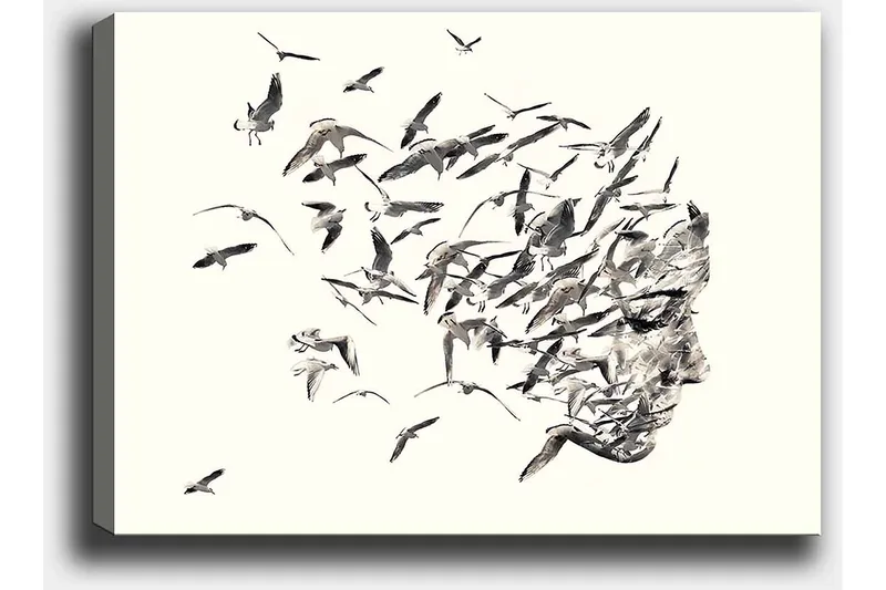 Canvastavla 70x100 cm - Stiliserad ansiktsprofil som smälter samman med flygande fåglar - Grå / Svart / Beige - Inredning & dekor - Tavlor & konst - Canvastavla