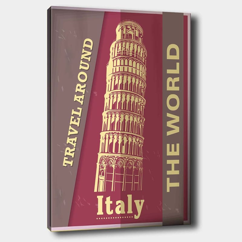 Canvastavla 70x100 cm - Stiliserad avbildning av det lutande tornet i Pisa, omgiven av text som uppmanar till resande - Mörkröd / Beige - Inredning & dekor - Tavlor & konst - Canvastavla