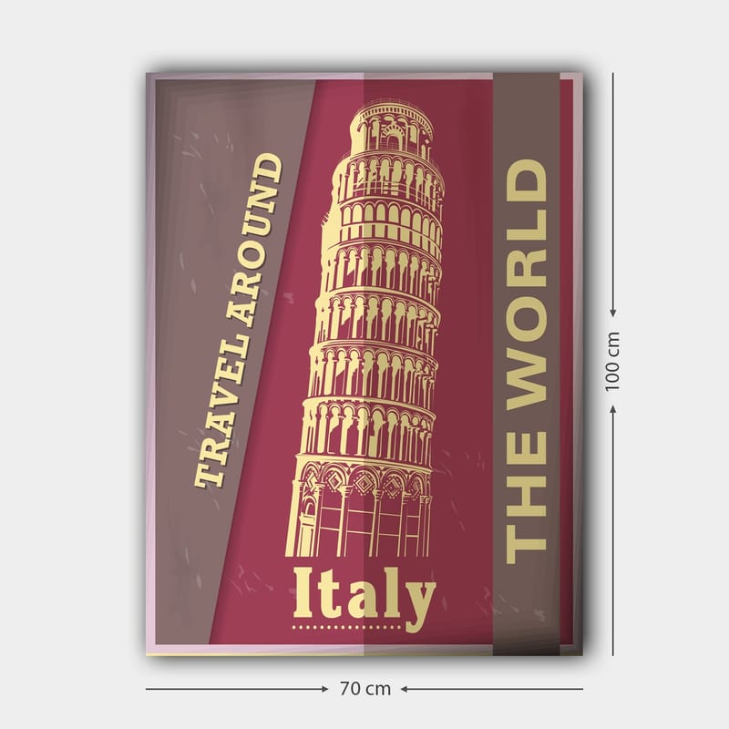 Canvastavla 70x100 cm - Stiliserad avbildning av det lutande tornet i Pisa, omgiven av text som uppmanar till resande - Mörkröd / Beige - Inredning & dekor - Tavlor & konst - Canvastavla