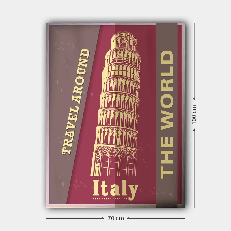 Canvastavla 70x100 cm - Stiliserad avbildning av det lutande tornet i Pisa, omgiven av text som uppmanar till resande - Mörkröd / Beige - Inredning & dekor - Tavlor & konst - Canvastavla