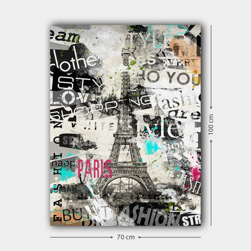 Canvastavla 70x100 cm - Stiliserad bild av Eiffeltornet omgiven av modeord och färgglada detaljer - Svart / Rosa / Turkos - Inredning & dekor - Tavlor & konst - Canvastavla
