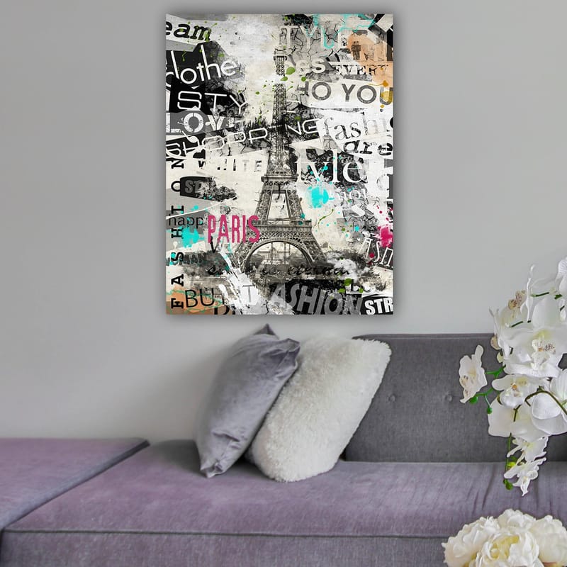 Canvastavla 70x100 cm - Stiliserad bild av Eiffeltornet omgiven av modeord och färgglada detaljer - Svart / Rosa / Turkos - Inredning & dekor - Tavlor & konst - Canvastavla