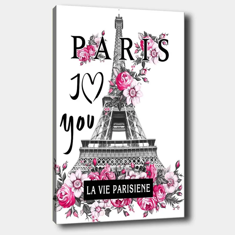 Canvastavla 70x100 cm - Stiliserad bild av Eiffeltornet omgiven av rosa blommor och texten PARIS I Love you, Rosa / Svart / Grå