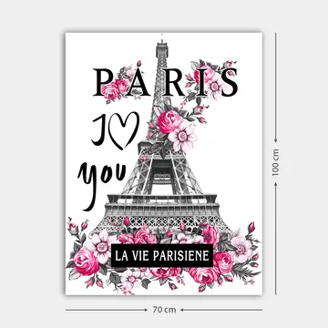 Canvastavla 70x100 cm - Stiliserad bild av Eiffeltornet omgiven av rosa blommor och texten PARIS I Love you - Rosa / Svart / Grå - Inredning & dekor - Tavlor & konst - Canvastavla