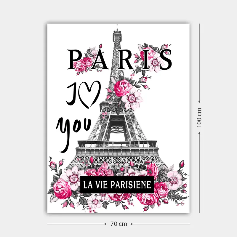 Canvastavla 70x100 cm - Stiliserad bild av Eiffeltornet omgiven av rosa blommor och texten PARIS I Love you - Rosa / Svart / Grå - Inredning & dekor - Tavlor & konst - Canvastavla