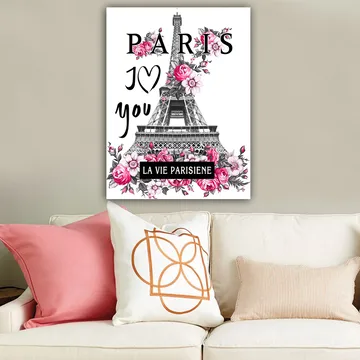 Canvastavla 70x100 cm - Stiliserad bild av Eiffeltornet omgiven av rosa blommor och texten PARIS I Love you - Rosa / Svart / Grå - Inredning & dekor - Tavlor & konst - Canvastavla