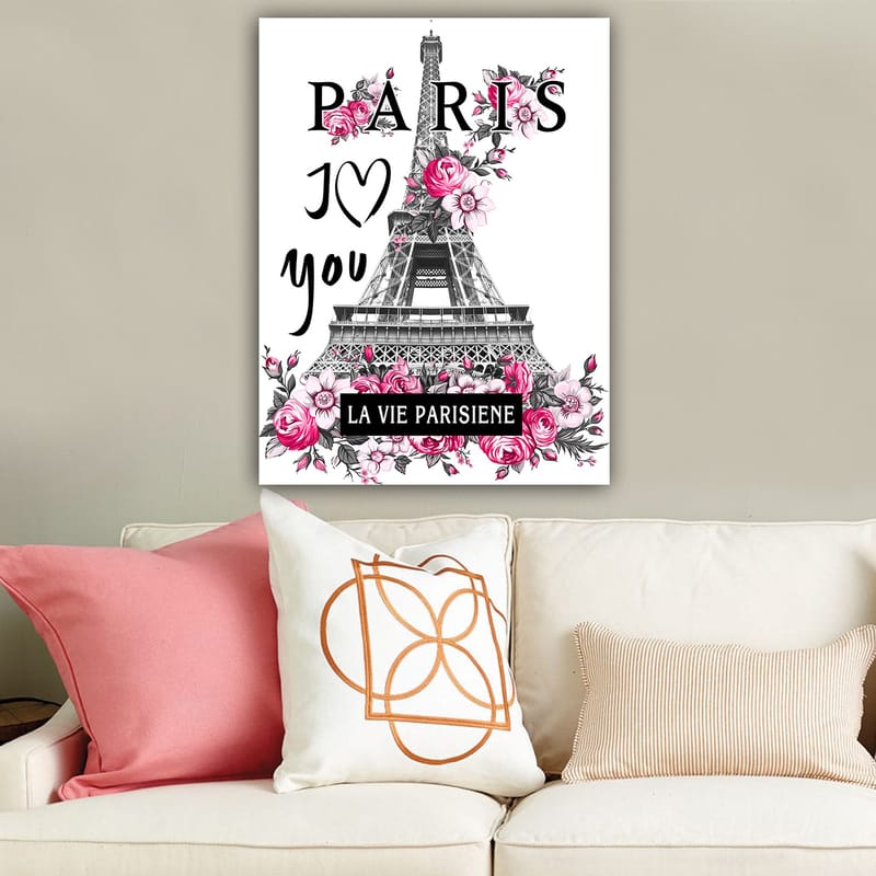 Canvastavla 70x100 cm - Stiliserad bild av Eiffeltornet omgiven av rosa blommor och texten PARIS I Love you - Rosa / Svart / Grå - Inredning & dekor - Tavlor & konst - Canvastavla