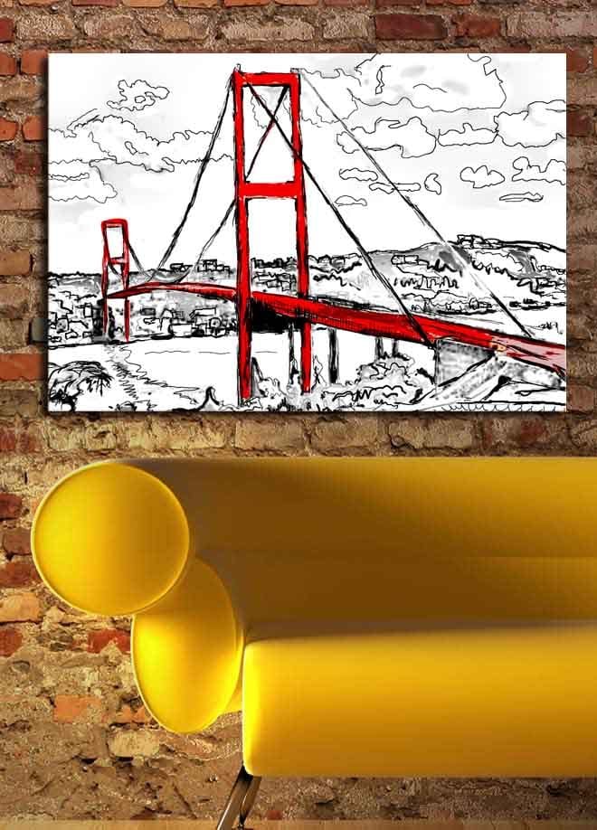 Canvastavla 70x100 cm - Stiliserad bild av en röd hängbro med omgivande landskap i svart och vitt - Röd / Svart - Inredning & dekor - Tavlor & konst - Canvastavla
