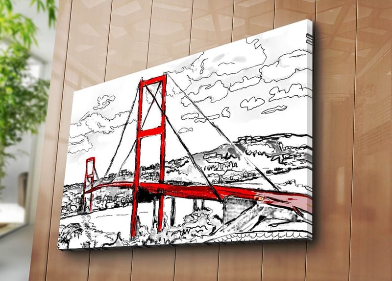 Canvastavla 70x100 cm - Stiliserad bild av en röd hängbro med omgivande landskap i svart och vitt - Röd / Svart - Inredning & dekor - Tavlor & konst - Canvastavla