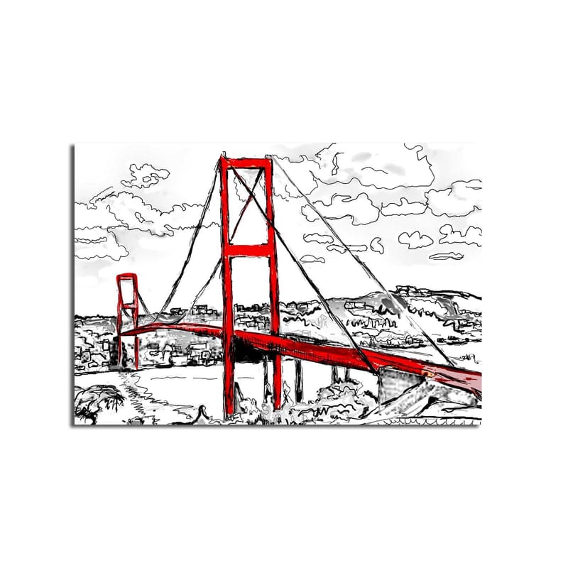 Canvastavla 70x100 cm - Stiliserad bild av en röd hängbro med omgivande landskap i svart och vitt - Röd / Svart - Inredning & dekor - Tavlor & konst - Canvastavla