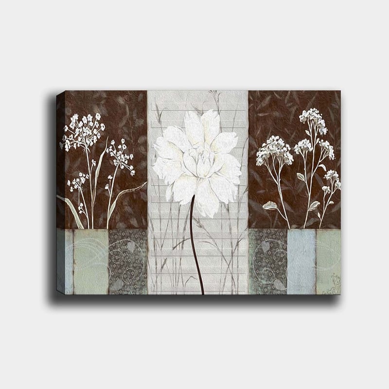Canvastavla 70x100 cm - Stiliserad blomma i vitt omgiven av bruna och grå nyanser, Vitt / Brunt / Grått