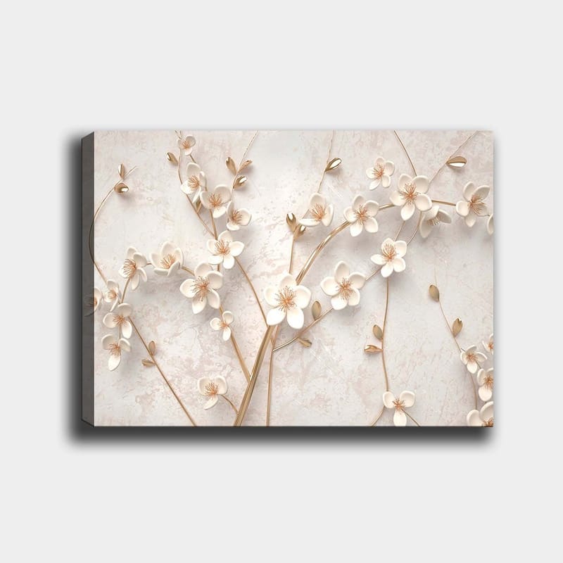 Canvastavla 70x100 cm - Stiliserad blomsterdesign med vita blommor och gyllene detaljer, Vit / Guld