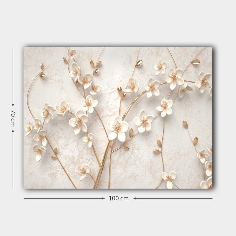 Canvastavla 70x100 cm - Stiliserad blomsterdesign med vita blommor och gyllene detaljer - Vit / Guld - Inredning & dekor - Tavlor & konst - Canvastavla