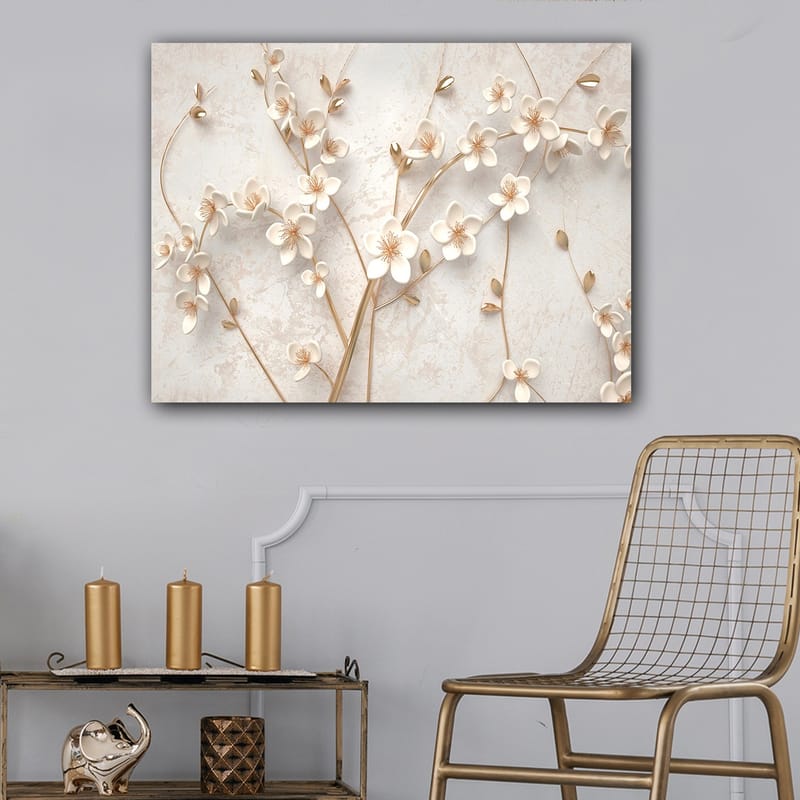Canvastavla 70x100 cm - Stiliserad blomsterdesign med vita blommor och gyllene detaljer - Vit / Guld - Inredning & dekor - Tavlor & konst - Canvastavla