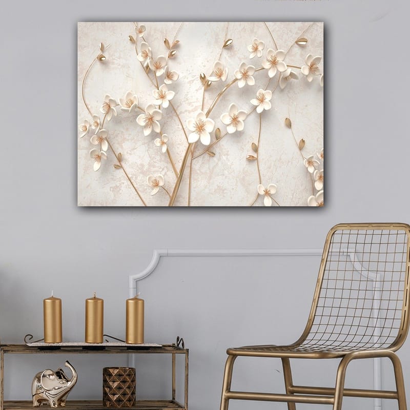 Canvastavla 70x100 cm - Stiliserad blomsterdesign med vita blommor och gyllene detaljer - Vit / Guld - Inredning & dekor - Tavlor & konst - Canvastavla