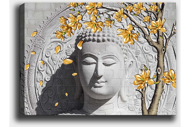 Canvastavla 70x100 cm - Stiliserad buddha med blommande grenar i gult - Grå / Vit / Gul - Inredning & dekor - Tavlor & konst - Canvastavla