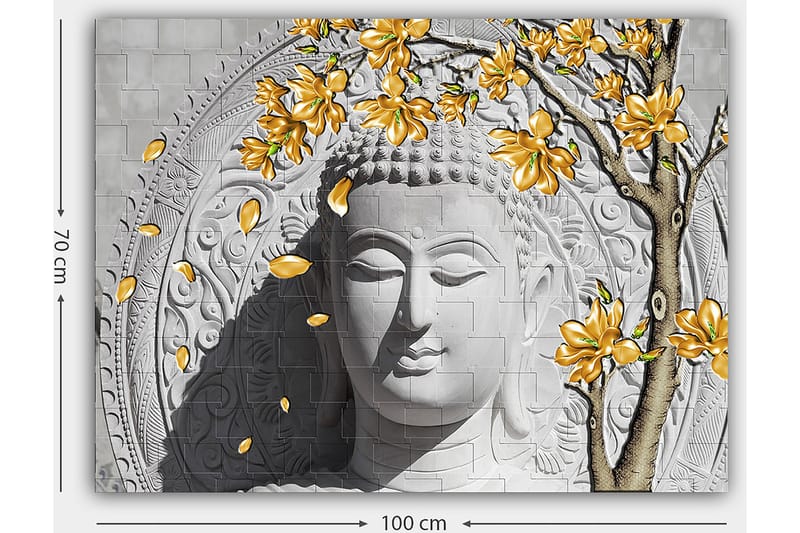 Canvastavla 70x100 cm - Stiliserad buddha med blommande grenar i gult - Grå / Vit / Gul - Inredning & dekor - Tavlor & konst - Canvastavla