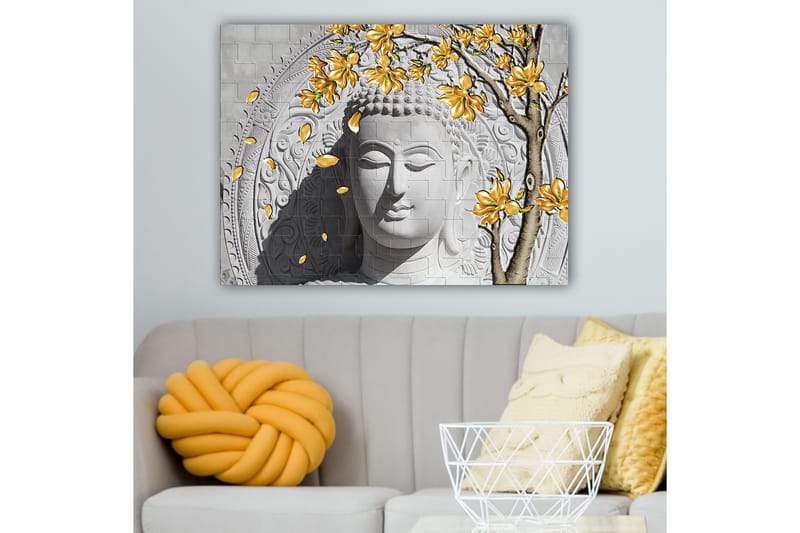 Canvastavla 70x100 cm - Stiliserad buddha med blommande grenar i gult, Grå / Vit / Gul