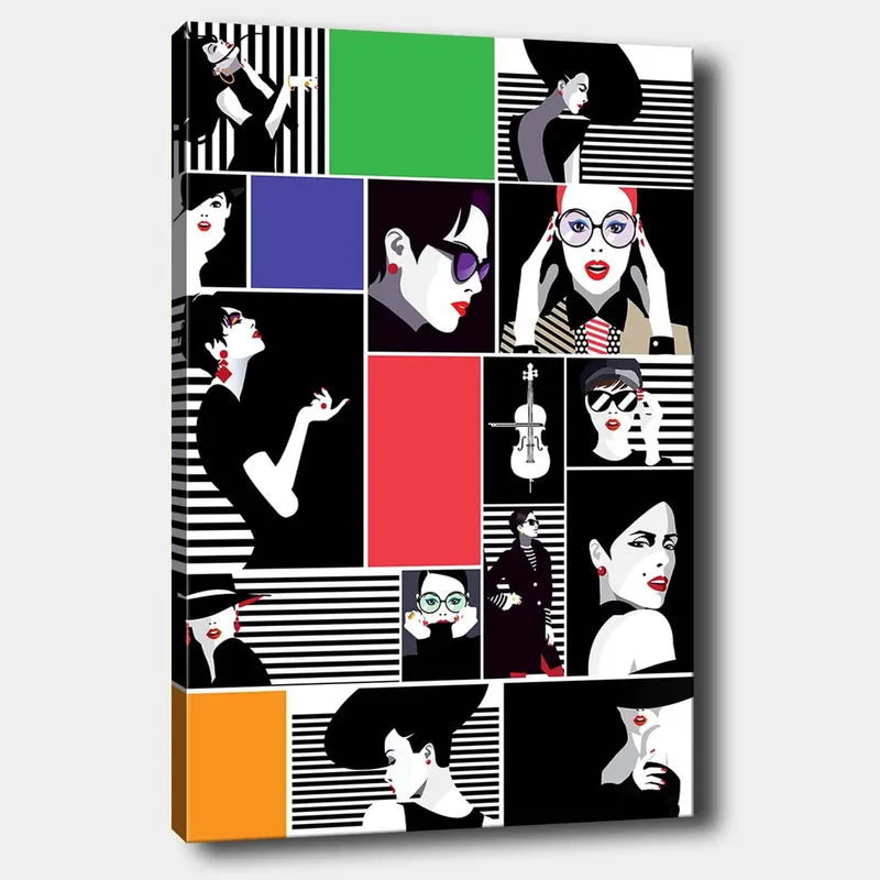 Canvastavla 70x100 cm - Stiliserad collage av modeikoner med starka uttryck och olika accessoarer, Svart / Röd / Grön