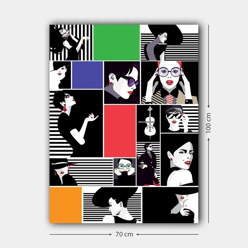 Canvastavla 70x100 cm - Stiliserad collage av modeikoner med starka uttryck och olika accessoarer - Svart / Röd / Grön - Inredning & dekor - Tavlor & konst - Canvastavla