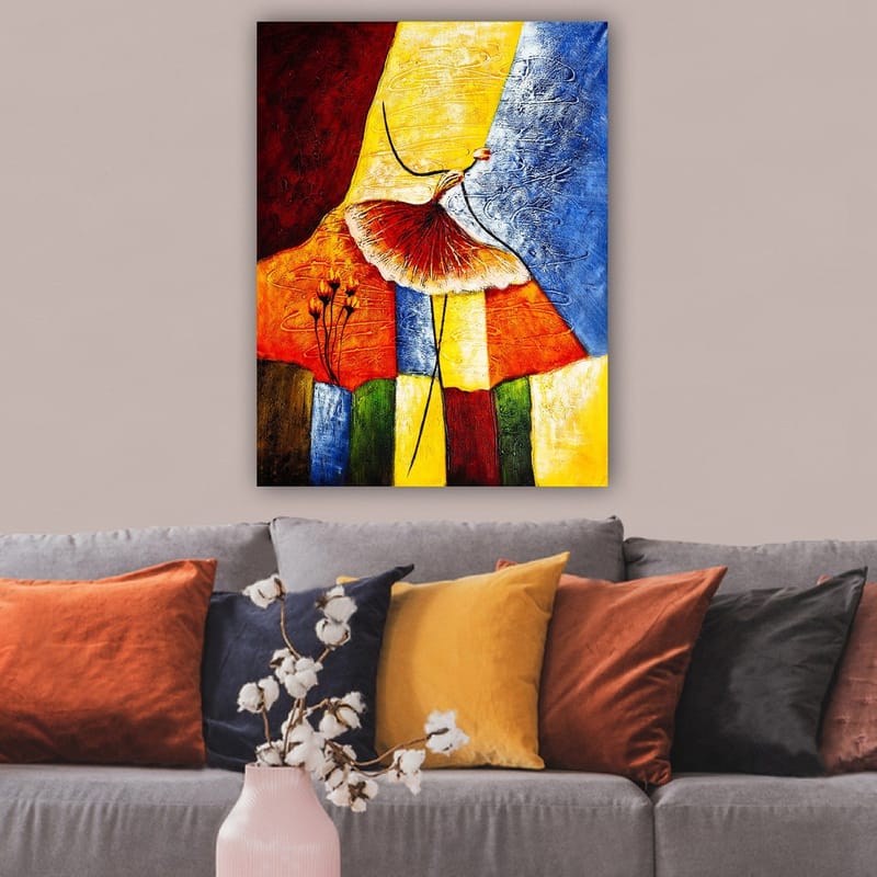 Canvastavla 70x100 cm - Stiliserad dansande kvinna med en röd kjol mot en färgglad bakgrund - Röd / Gul / Blå - Inredning & dekor - Tavlor & konst - Canvastavla