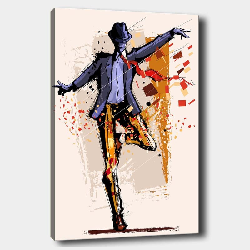 Canvastavla 70x100 cm - Stiliserad dansare i kostym med en hatt som uttrycker rörelse och energi - Mörkblå / Orange / Röd - Inredning & dekor - Tavlor & konst - Canvastavla