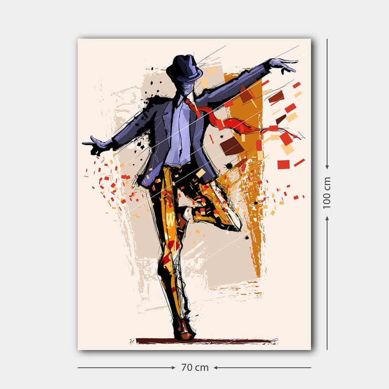 Canvastavla 70x100 cm - Stiliserad dansare i kostym med en hatt som uttrycker rörelse och energi - Mörkblå / Orange / Röd - Inredning & dekor - Tavlor & konst - Canvastavla