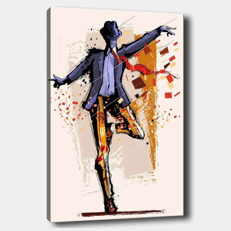Canvastavla 70x100 cm - Stiliserad dansare i kostym med en hatt som uttrycker rörelse och energi - Mörkblå / Orange / Röd - Inredning & dekor - Tavlor & konst - Canvastavla