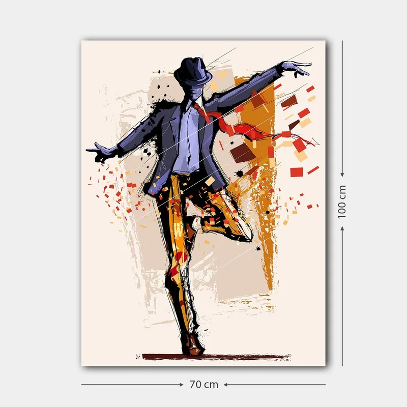 Canvastavla 70x100 cm - Stiliserad dansare i kostym med en hatt som uttrycker rörelse och energi - Mörkblå / Orange / Röd - Inredning & dekor - Tavlor & konst - Canvastavla