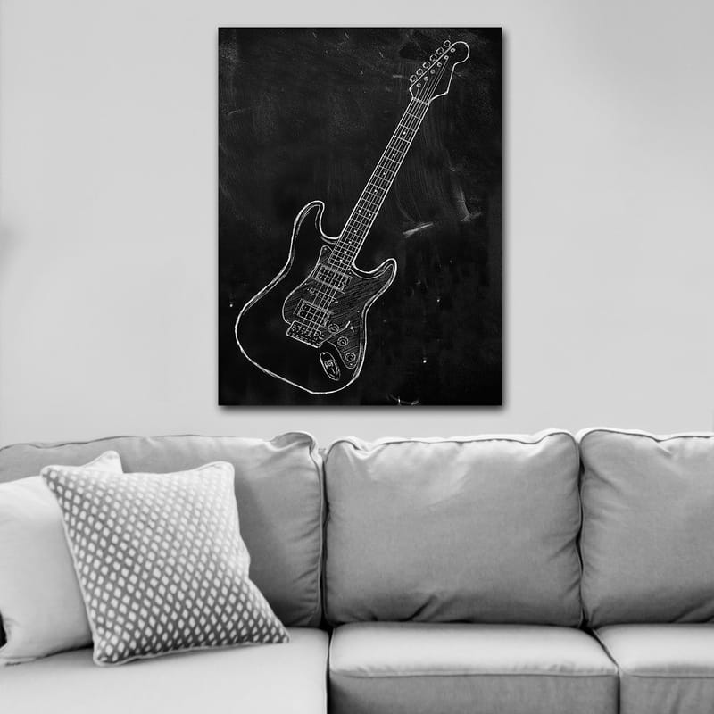 Canvastavla 70x100 cm - Stiliserad elgitarr ritad med krita på en svart bakgrund - Svart / Vit - Inredning & dekor - Tavlor & konst - Canvastavla
