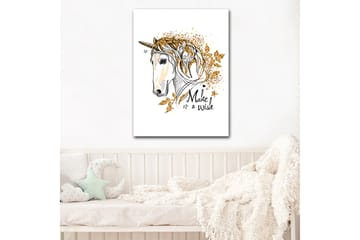 Canvastavla 70x100 cm - Stiliserad enhörning med glittrande detaljer och texten Make a wish - Vit / Guld / Svart - Inredning & dekor - Tavlor & konst - Canvastavla