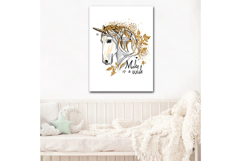 Canvastavla 70x100 cm - Stiliserad enhörning med glittrande detaljer och texten Make a wish - Vit / Guld / Svart - Inredning & dekor - Tavlor & konst - Canvastavla