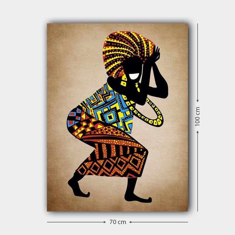 Canvastavla 70x100 cm - Stiliserad figur med färgglada mönster som dansar med en stor huvudprydnad - Svart / Röd / Blå - Inredning & dekor - Tavlor & konst - Canvastavla